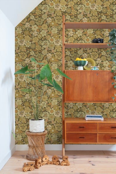 ESTAhome Tapete Retro Blumen Olivgrün - 50 x 900 cm - 130967
