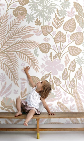 ESTAhome Fototapete tropische Blätter und Blüten Hellbeige - 2.5 x 2.79 m - 159423