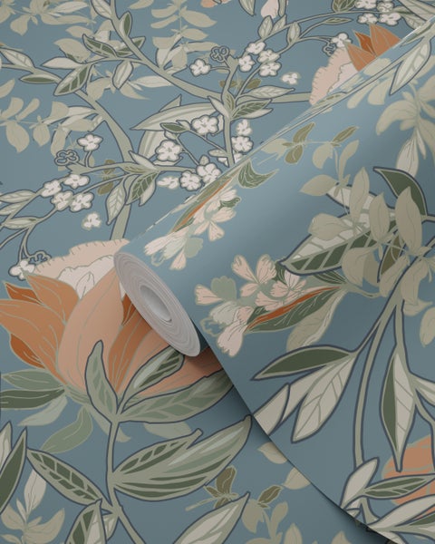 ESTAhome Tapete Blumenmuster im Jugendstil Graublau - 53 cm x 10.05 m - 139643