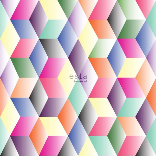 ESTAhome XXL-Vliestapete 3D-Würfel Rosa, Gelb, Grün und Blau - 50 x 900 cm - 158913
