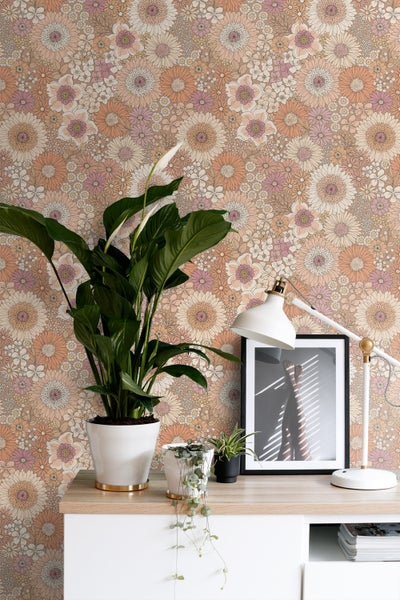 ESTAhome Tapete Retro Blumen Terrakotta, Lila und Weiß - 50 x 900 cm - 131314