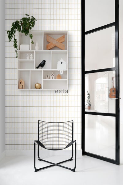 ESTAhome Tapete kleine Fliesen Weiß und Gold - 53 cm x 10.05 m - 139131