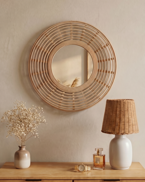 Runder Wandspiegel mit konzentrischem Rattanrahmen, dekoriert auf einem Sideboard mit Rattantischleuchte, Blumenvase und Accessoires im Boho-Stil.