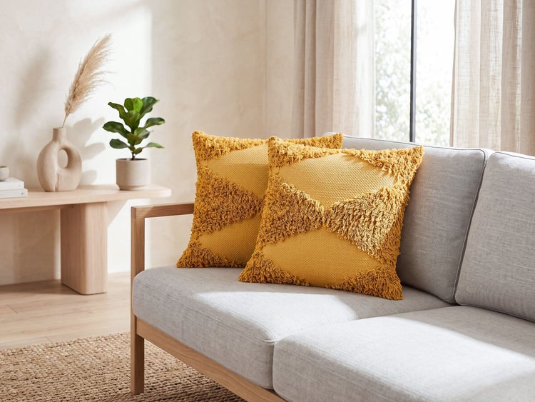 Zwei strukturierte Zierkissen mit Fransen auf einem hellen Sofa in einem wohnlich eingerichteten Zimmer mit Pflanze und Vase im Hintergrund.