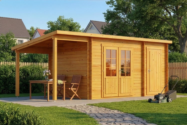 Großes Gartenhaus aus Holz mit Pultdach, integrierter Terrasse, Doppeltür mit Fenstern und einer separaten Abstellraumtür im hellen Garten.