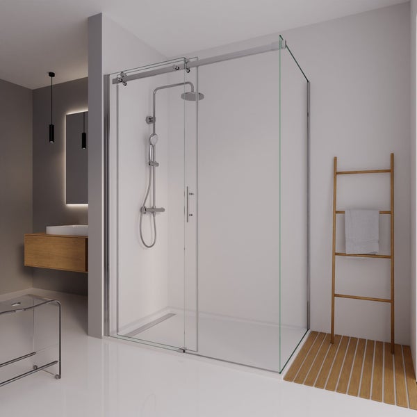 Moderne Glasduschkabine mit Schiebetür und verchromtem Duschset in einem hellen, minimalistischen Badezimmer mit Holzakzenten.