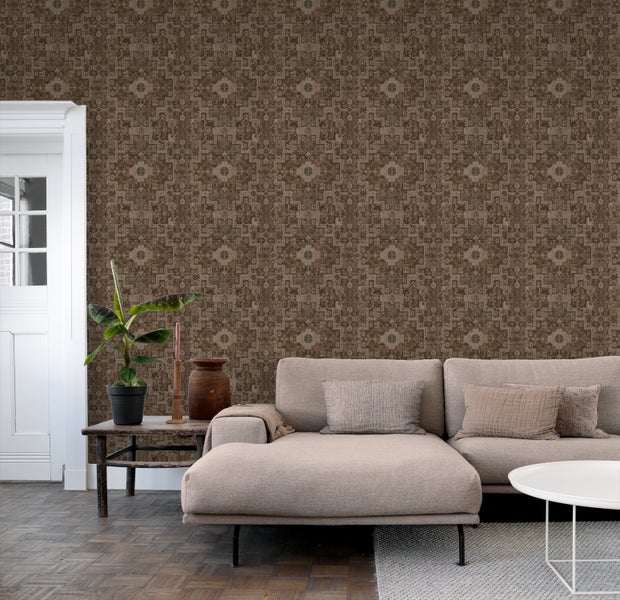 ESTAhome Tapete orientalisches Kelim-Patchwork Braun - 50 x 900 cm - 131360