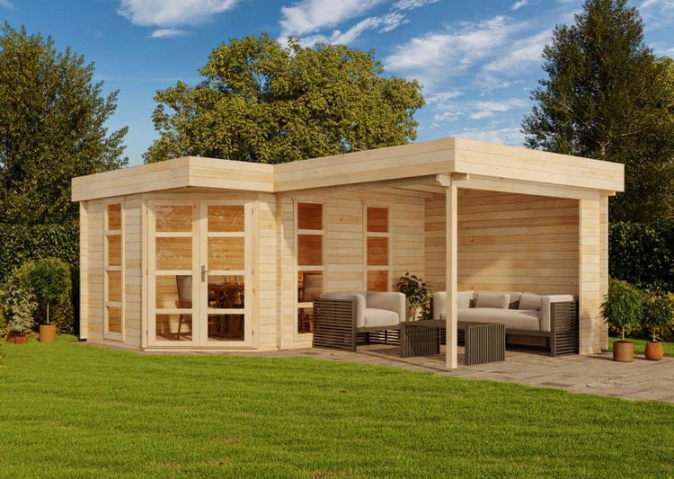 Alpholz 5-Eck Gartenhaus Lindau-40 mit Anbau aus Massiv-holz, Gerätehaus mit 40 mm Wandstärke, Garten Holzhaus inklusive Montagematerial, Geräteschuppen Größe: 442 x 618 cm, Flachdach