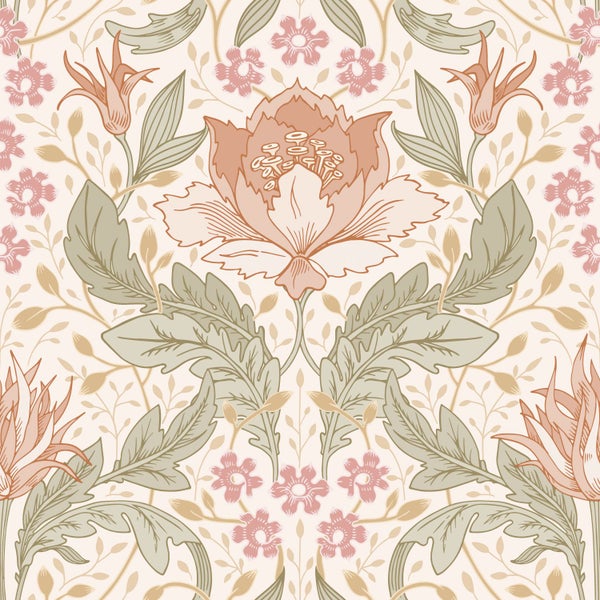 ESTAhome Tapete Blumenmuster im Jugendstil Beige, Rosa und Grün - 50 x 900 cm - 131078