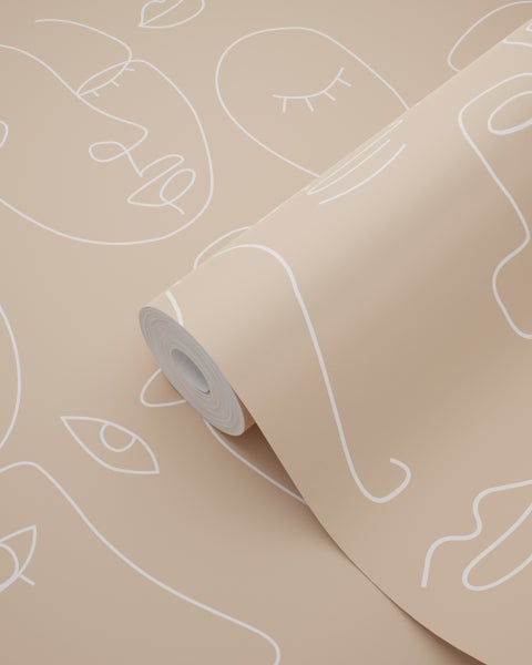 ESTAhome Tapete Line Art Gesichter Pfirsichrosa und Weiß - 53 cm x 10.05 m - 139214