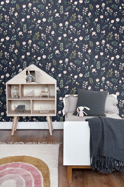 ESTAhome Tapete Blumen Dunkelblau, Rosa und Grün - 53 cm x 10.05 m - 139341