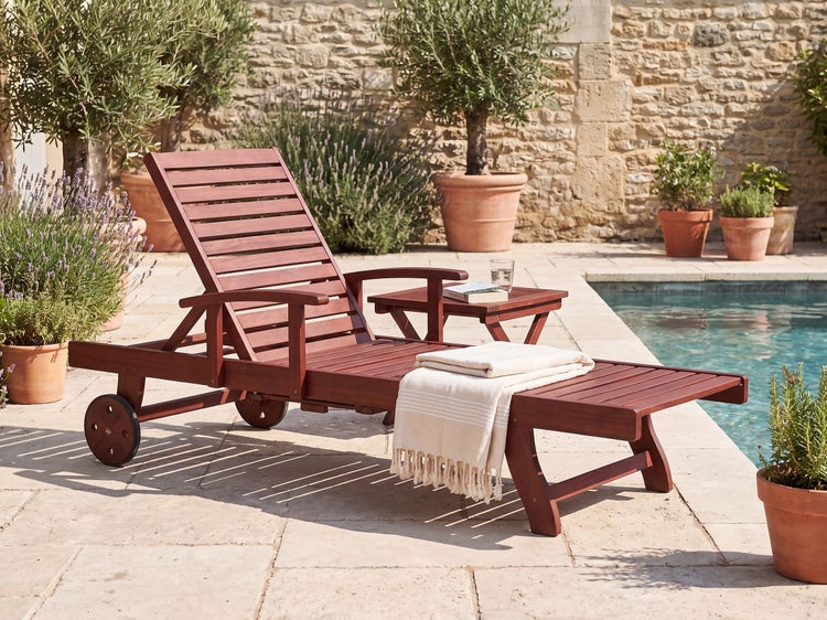 Hölzerne Gartenliege mit Rollen und Beistelltisch auf einer Poolterrasse aus Stein, umgeben von Topfpflanzen.