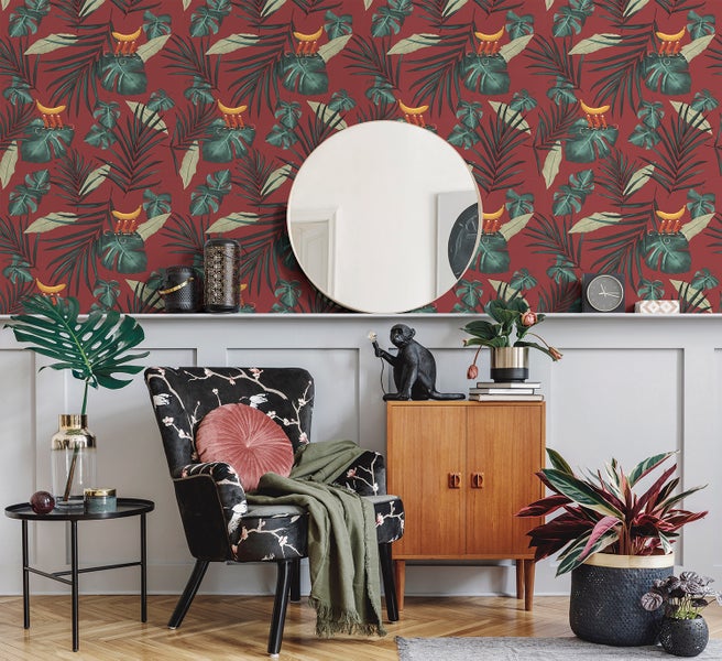 Walls4You Tapete Affen und Dschungelblätter Rot und Grün - 53 cm x 10 m - 640348