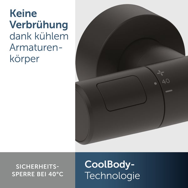 Thermostatarmatur mit CoolBody Technologie und Sicherheitssperre bei 40 Grad Celsius gegen Verbrühungen.