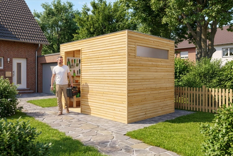 Modernes Gartenhaus aus Holz mit Flachdach und horizontaler Lattung im Garten, ein Mann tritt mit einem Werkzeugkoffer heraus.