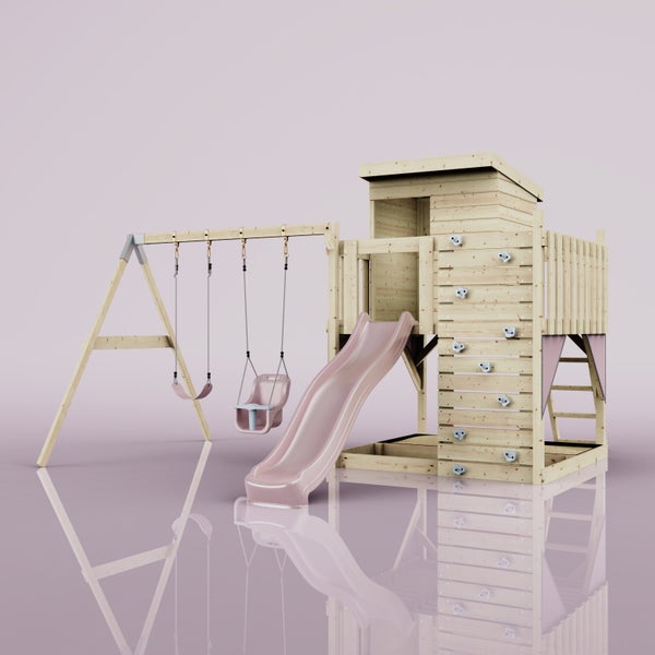 PolarPlay Spielturm Björn aus Holz in Rosa Babyschaukel