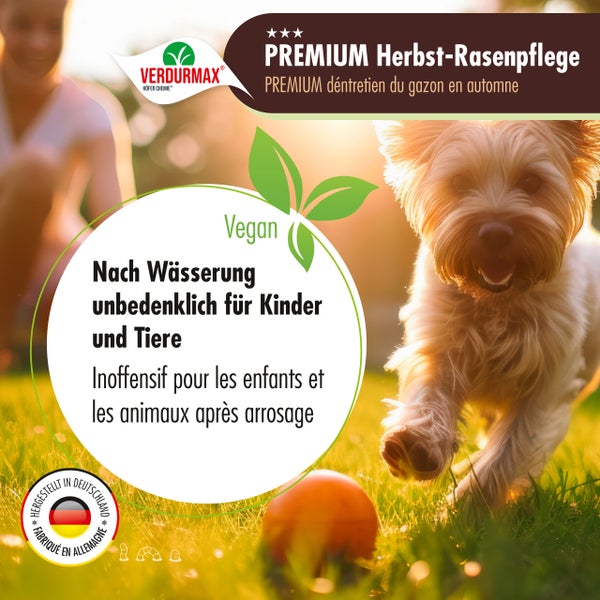 Verdurmax Herbst-Rasenpflege mit Hinweis auf Unbedenklichkeit für Kinder und Tiere nach der Bewässerung