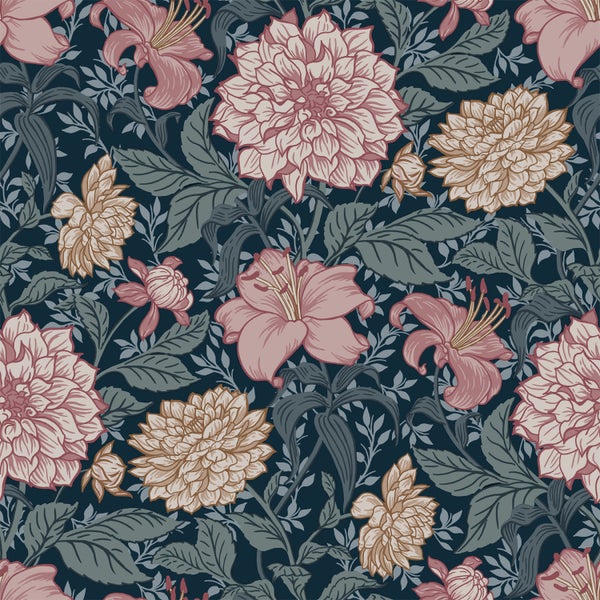 ESTAhome Tapete Blumenmuster Blau und Altrosa - 53 cm x 10.05 m - 139382
