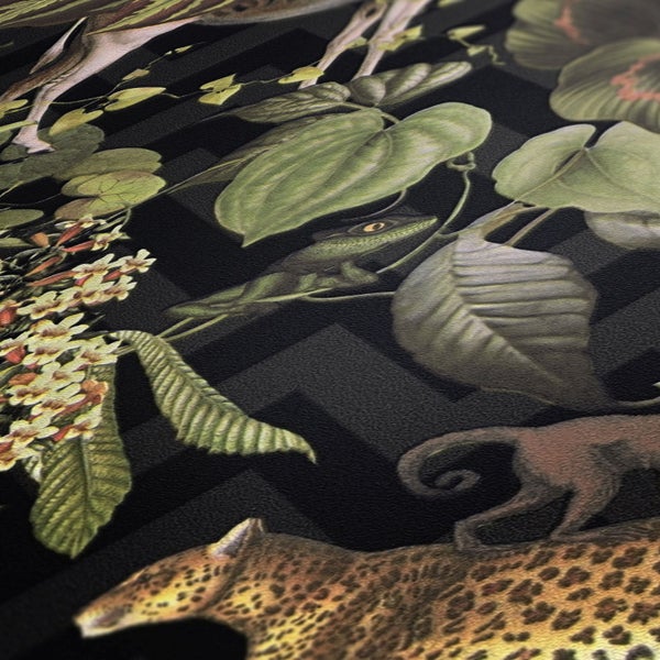 Tapete mit Dschungelmotiv mit Zebras, Leoparden, Affen und tropischen Pflanzen