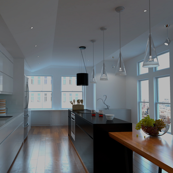 Helle Küche mit Kochinsel, Küchenutensilien und Beleuchtung