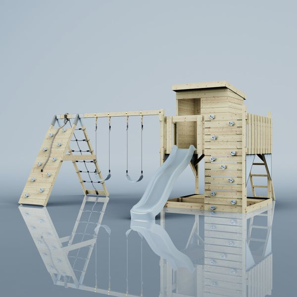 Spielturm aus Holz mit zwei Schaukeln, Rutsche, Kletterwand mit Seil und Griffen sowie integriertem Spielhaus.