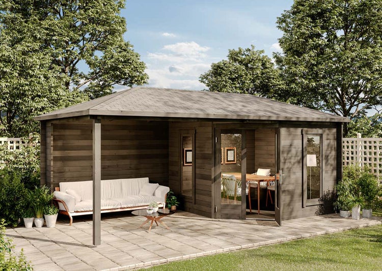 Alpholz 5-Eck Gartenhaus Liwa Gartenhaus aus Holz in Grau, Holzhaus mit 40 mm Wandstärke inklusive Terrasse, Blockbohlenhaus mit Montagematerial imprägniert 6x3m