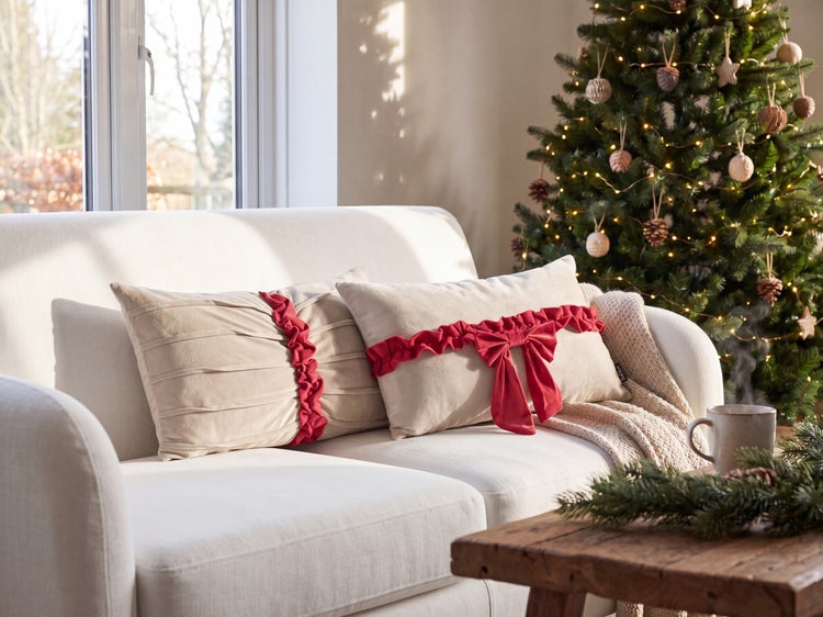 Helles, festliches Wohnzimmer mit einem weißen Sofa, Zierkissen mit roten Schleifen, einem beleuchteten Weihnachtsbaum und einem Holztisch.