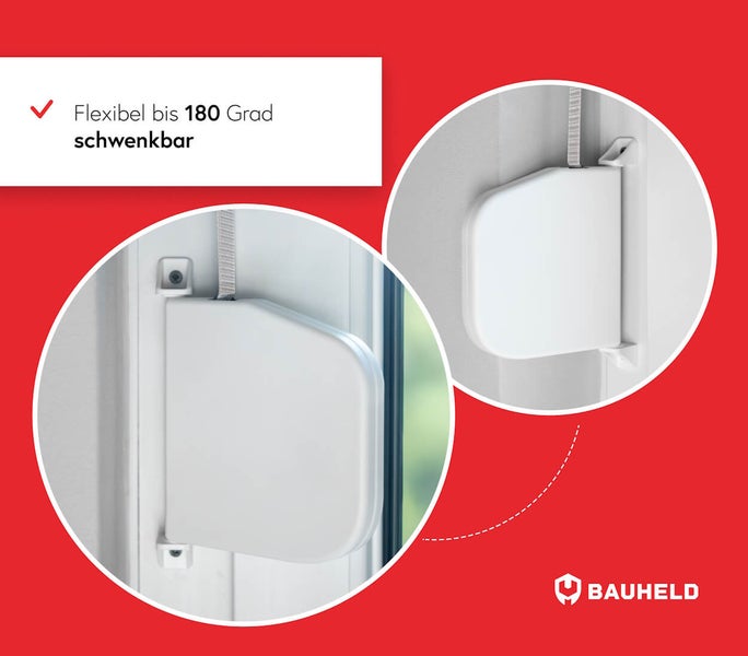 Schwenkbarer Rollladengurtwickler für Fenster, flexibel bis 180 Grad schwenkbar, Bauheld Logo.