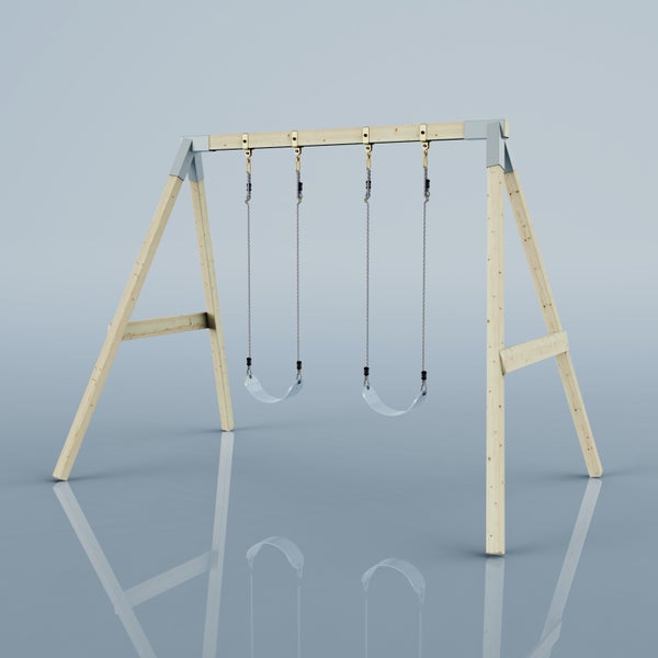Doppelschaukel aus Holz mit zwei Schaukelsitzen und Seilaufhängung für den Garten.