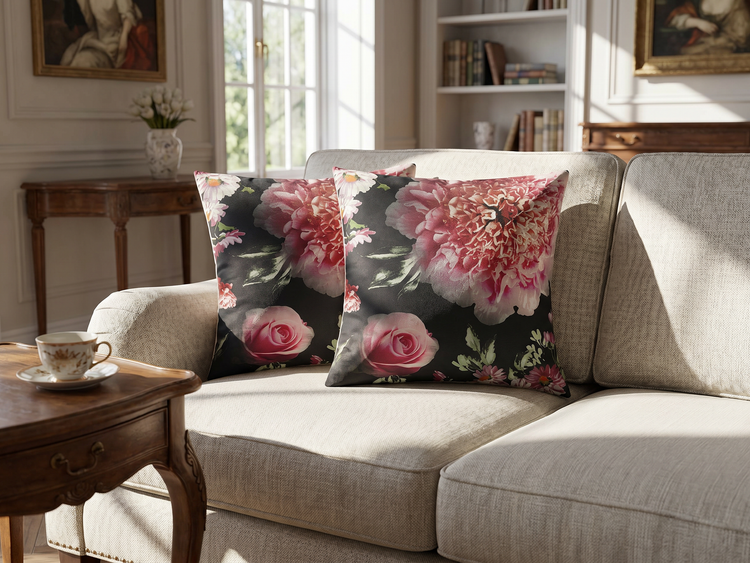 Zwei quadratische Dekokissen mit Blumenmuster aus rosa Pfingstrosen auf dunklem Grund, dekoriert auf einem hellen Sofa in einem Wohnzimmer.