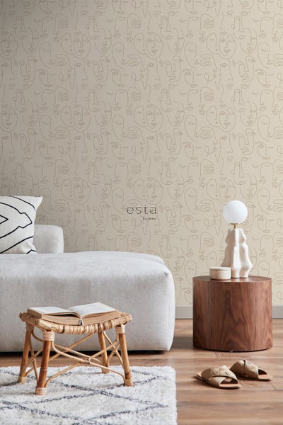 ESTAhome Tapete Line Art Gesichter Hellbeige - 53 cm x 10.05 m - 139374