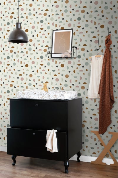 ESTAhome Tapete grafisches Motiv Hellbeige, Altrosa und Mintgrün - 53 cm x 10.05 m - 139277