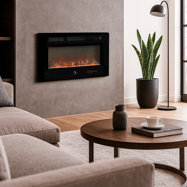 Wohnzimmer mit Elektrokamin, Couch, Tisch und Zimmerpflanze