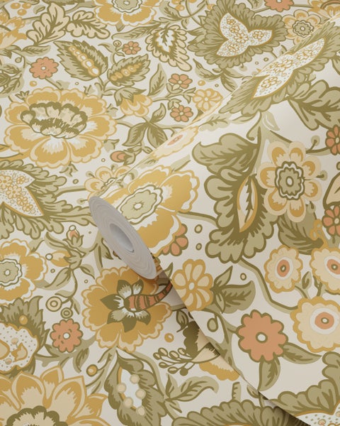 ESTAhome Tapete Blumenmuster Gelb und Grün - 50 x 900 cm - 131493