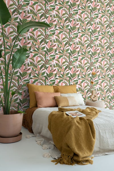 ESTAhome Tapete tropische Blätter Grün und Rosa - 50 x 900 cm - 131041