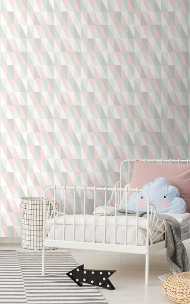 Walls4You Tapete grafische, geometrische Dreiecke Grün, Rosa und Grau - 53 cm x 10.05 m - 935301