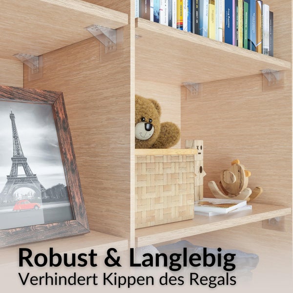 Transparente Möbelwinkel montiert in einem Holzregal zur Stabilisierung und zur Verhinderung des Kippens.
