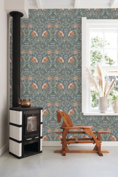 ESTAhome Tapete Blumenmuster im Jugendstil Graublau - 53 cm x 10.05 m - 139643