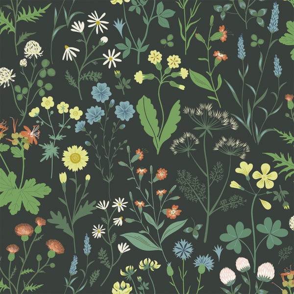 ESTAhome Tapete Feldblumen Multicolor auf Schwarz - 53 cm x 10.05 m - 139392
