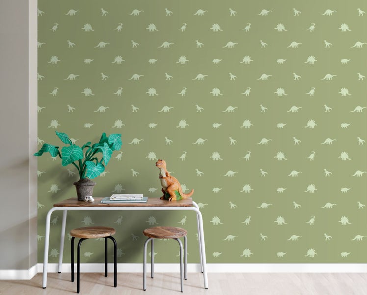 Kinderzimmer mit Dinosaurier Tapete, Tisch und Stühlen