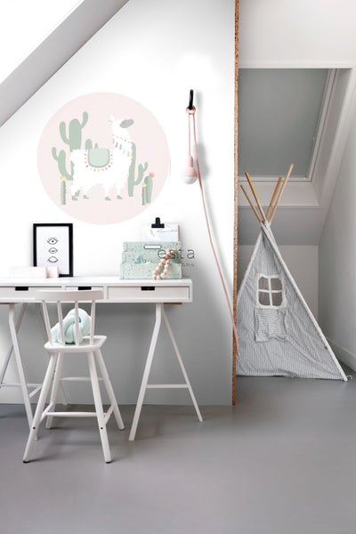ESTAhome selbstklebende runde Tapete Alpaka Rosa und Grün - Ø 70 cm - 158979