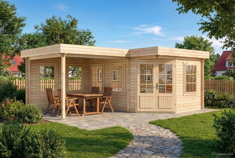 Holzgartenhaus mit integriertem überdachtem Sitzbereich, Flachdach, Doppeltür und Holzmöbeln im Garten auf einer gepflasterten Terrasse.