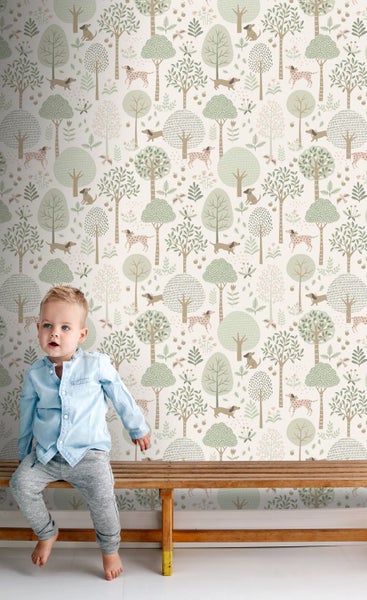 Tapete mit Bäumen und Hunden im kindlichen Design