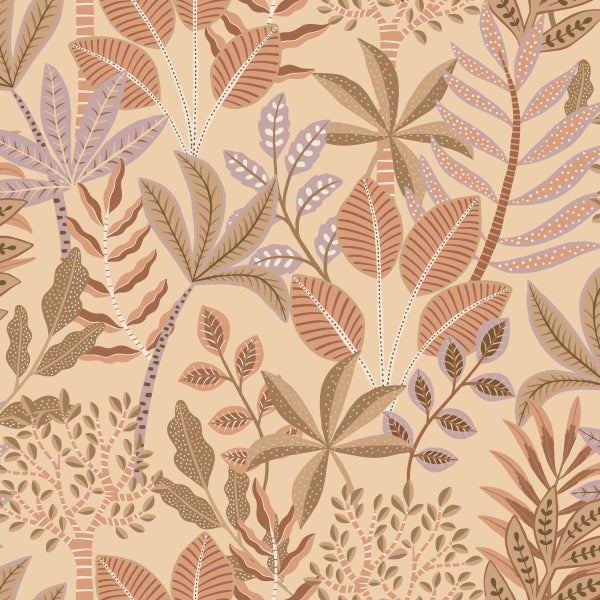 ESTAhome Tapete Blätter Beige, Terrakottarosa und Violett - 50 x 900 cm - 139679