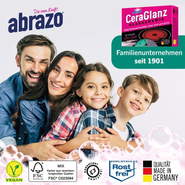 abrazo Logo, abrazo CeraGlanz Glaskeramikreiniger, lächelnde Familie sowie Siegel für Vegan, FSC Mix, Kratzfreiheit und Qualität Made in Germany.