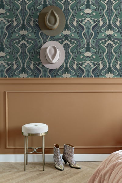 ESTAhome Tapete Blumenmuster im Jugendstil Graugrün und Blau - 50 x 900 cm - 139894