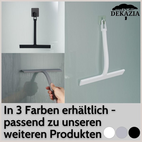 Duschabzieher in drei Varianten an einer Glaswand und in Anwendung auf Glas. DEKAZIA Logo.