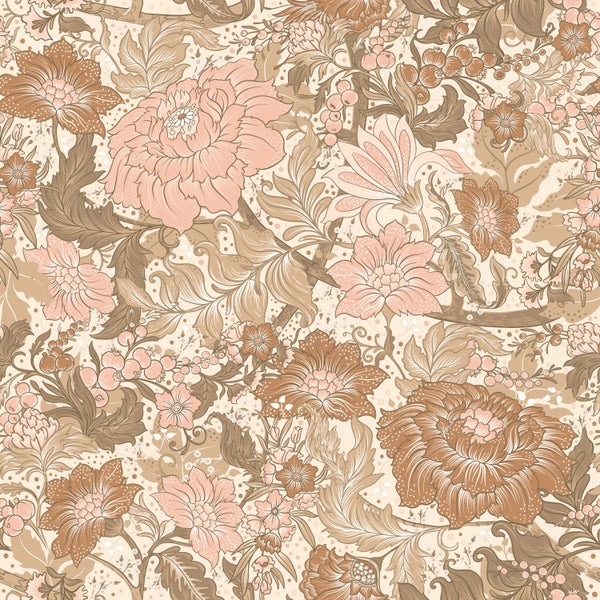 ESTAhome Tapete Blumenmuster Hellrosa, Braun und Taupe - 50 x 900 cm - 131191