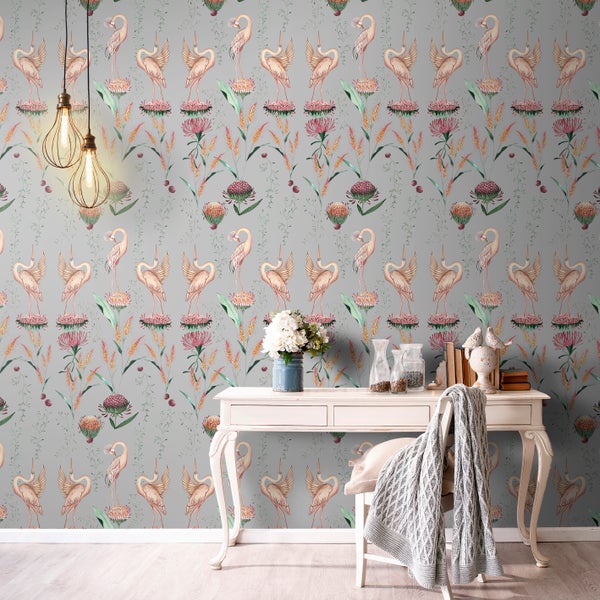 Walls4You Tapete Kraniche Grau und Rosa - 53 cm x 10 m - 640150