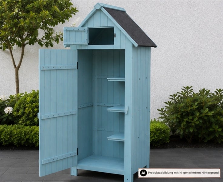 Gartenschrank aus Holz mit Pultdach und einer Tür mit Einlegeböden zur Aufbewahrung von Gartengeräten